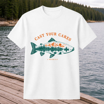Cast Your Cares 1 Peter 5:7 Fish Silhouette Mountain Lake Fishing T-Shirt