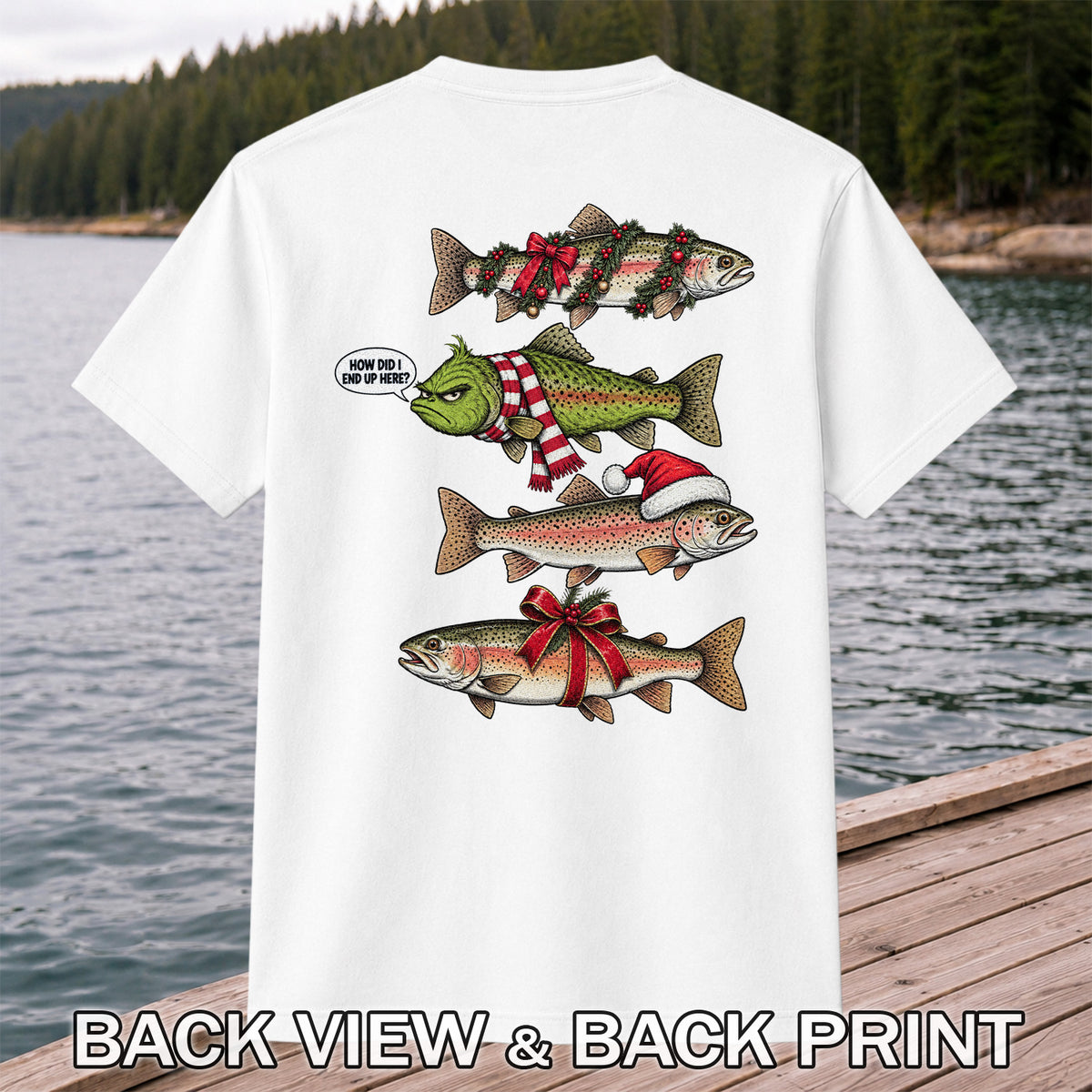 Christmas Trout Fishing Holiday Graphic T-Shirt | Back Print