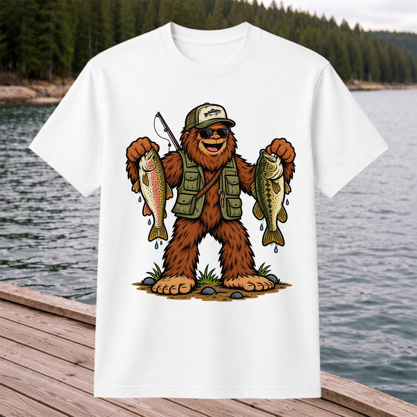 Bigfoot Holding Rainbow Trout and Bass Fishing Graphic T-Shirt
