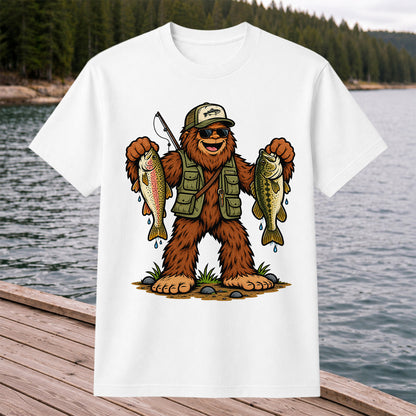 Bigfoot Holding Rainbow Trout and Bass Fishing Graphic T-Shirt
