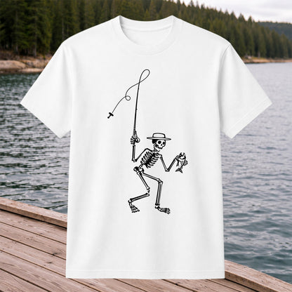 Skeleton Angler Holding a Fish Line Art Fishing T-Shirt