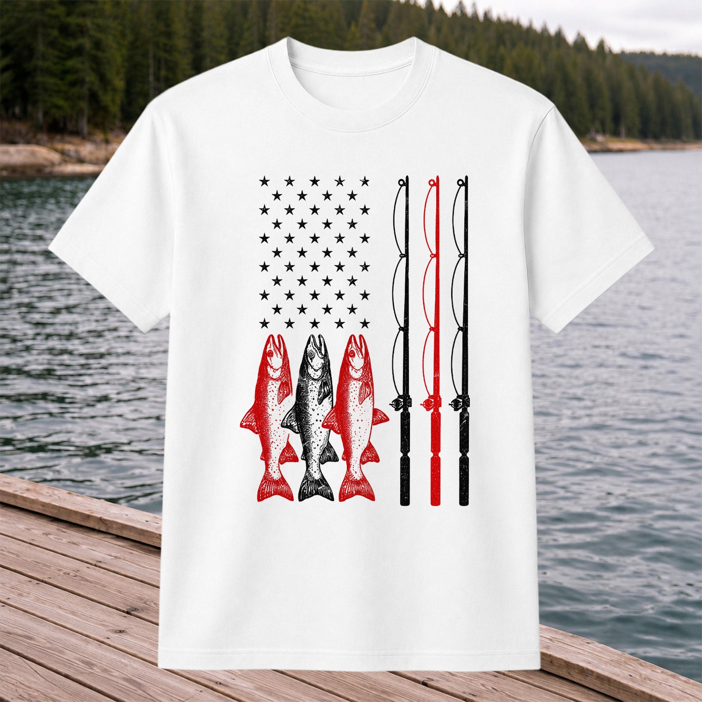 American Flag Trout and Fishing Rods Patriotic T-Shirt