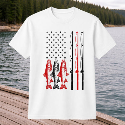 American Flag Trout and Fishing Rods Patriotic T-Shirt