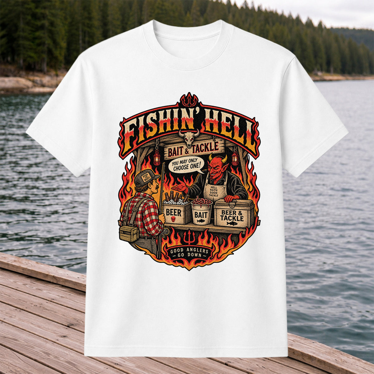 Fishin' Hell Devil Bait and Tackle Funny Fishing T-Shirt