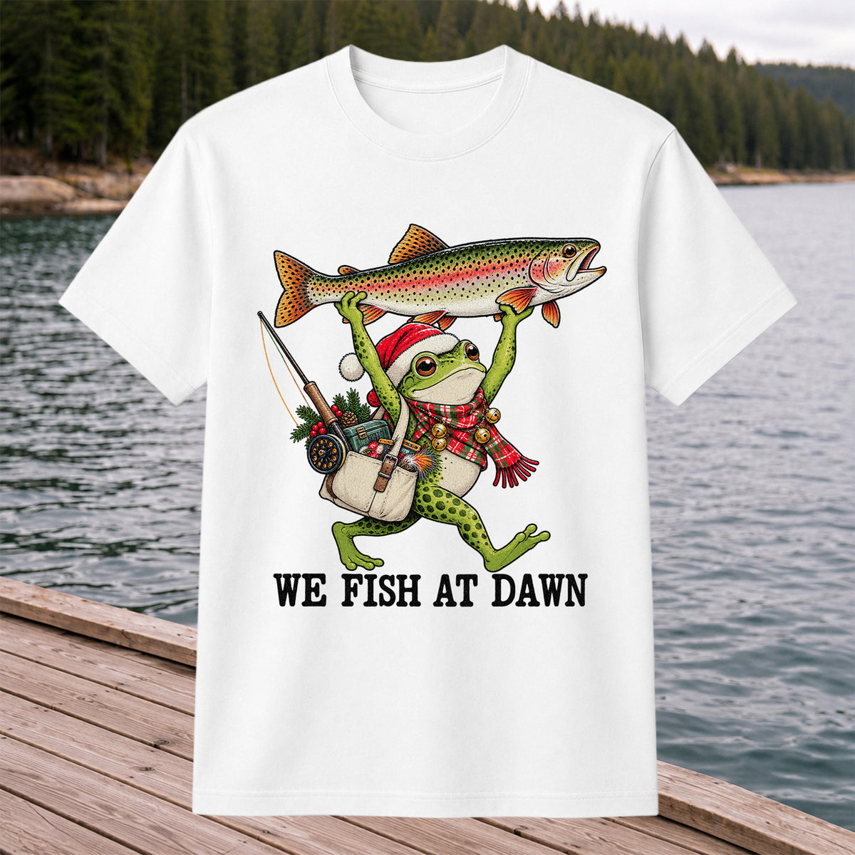 Frog Holding Rainbow Trout Fishing at Dawn Graphic T-Shirt