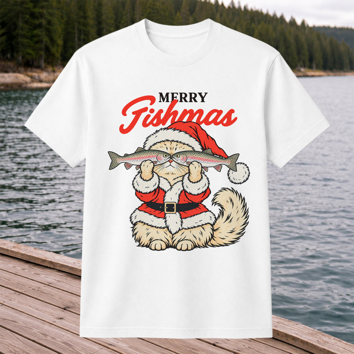 Santa Cat Holding Trout Merry Christmas Fishing T-Shirt