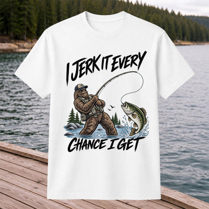 Jerk It Every Chance I Get Bigfoot Fishing Graphic T-Shirt