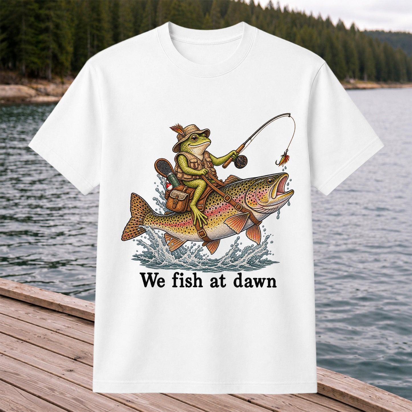 We Fish at Dawn Frog Riding a Rainbow Trout Funny Fishing T-Shirt