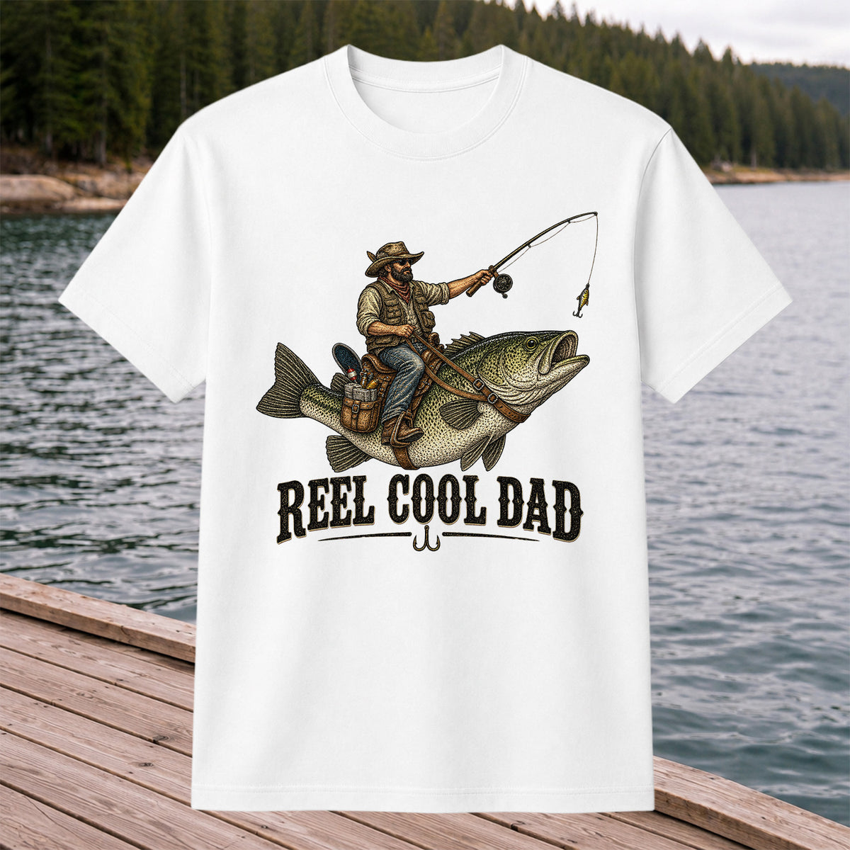 Reel Cool Dad Cowboy Riding a Bass Fishing Graphic T-Shirt