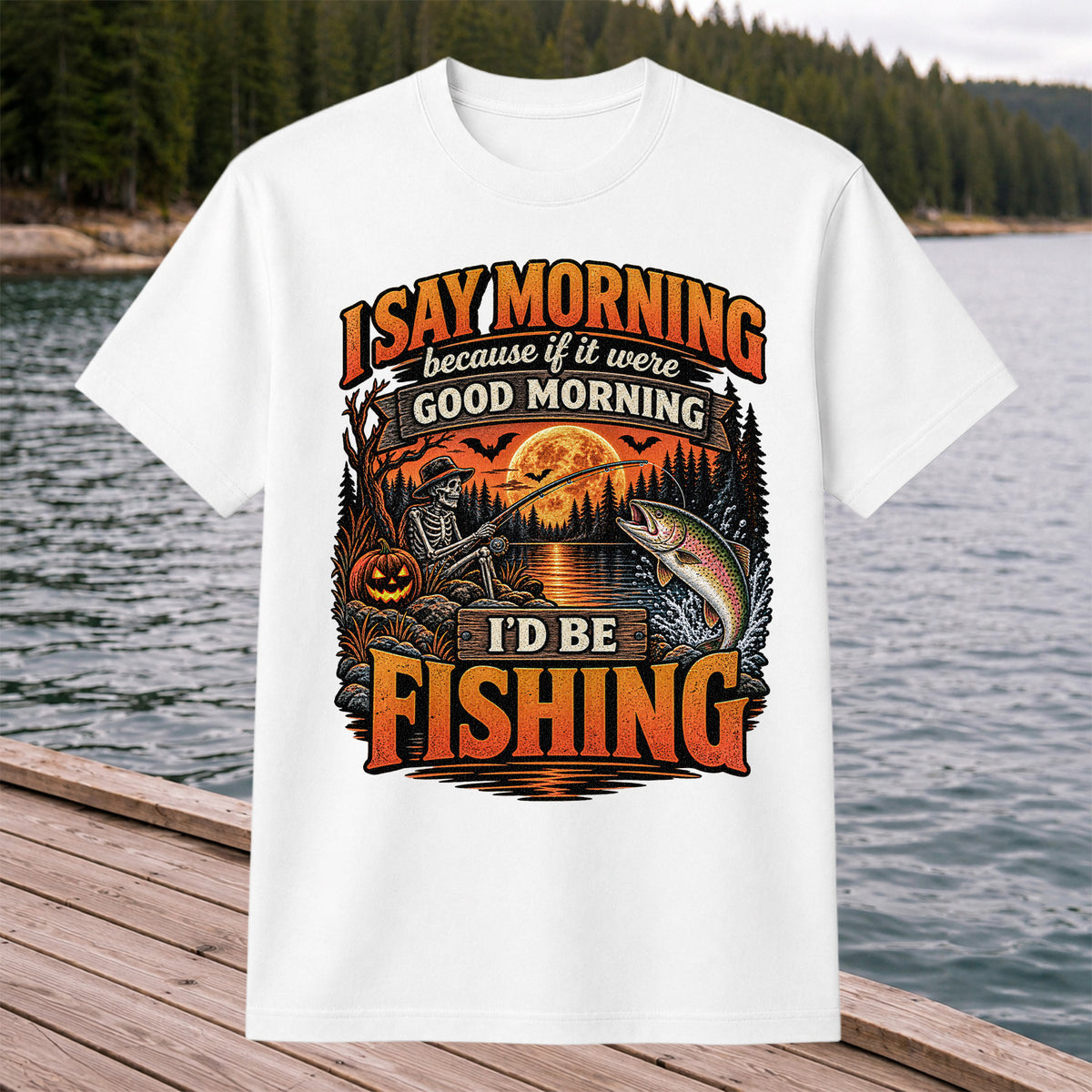 I Say Morning Because If It Were Good Morning I'd Be Fishing Halloween Skeleton Trout T-Shirt