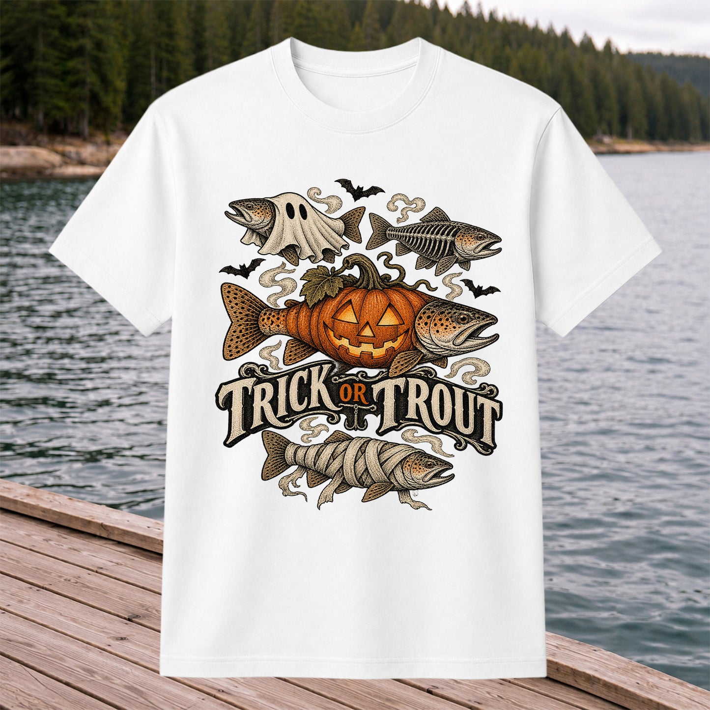 Trick or Trout Spooky Fish Halloween Graphic T-Shirt