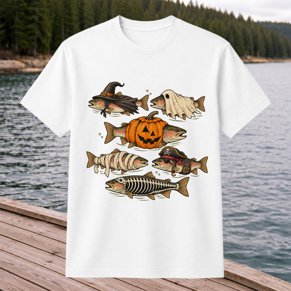 Rainbow Trout Halloween Costumes Witch Ghost Pumpkin Mummy Pirate Skeleton Fishing T-Shirt
