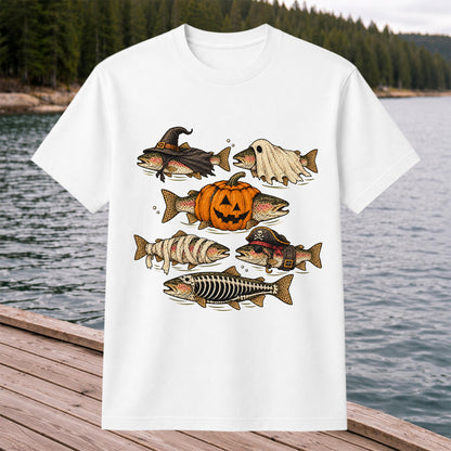 Rainbow Trout Halloween Costumes Witch Ghost Pumpkin Mummy Pirate Skeleton Fishing T-Shirt