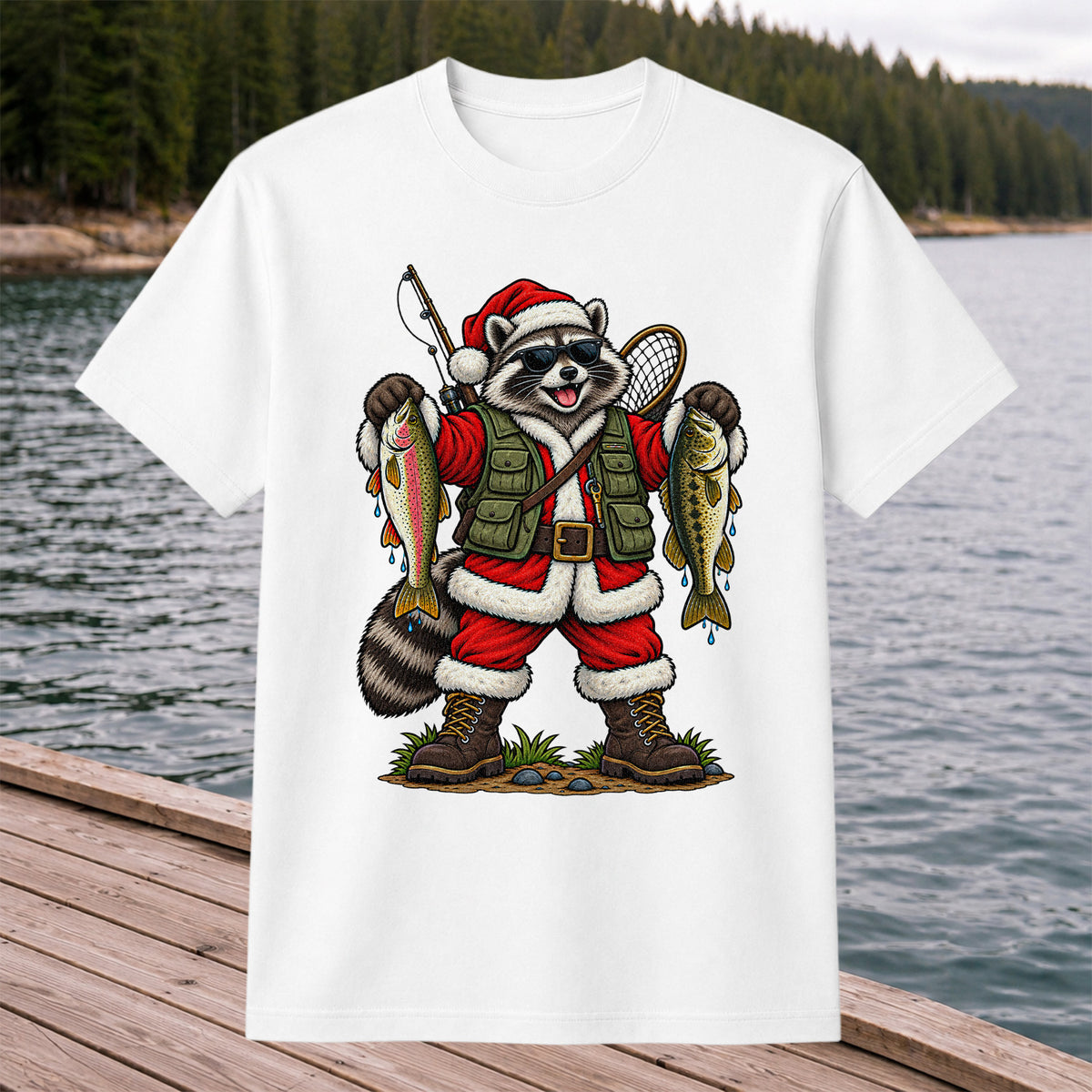 Santa Raccoon Holding Trout and Bass Christmas Fishing T-Shirt