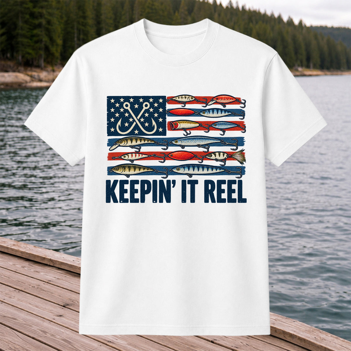 Keepin' It Reel American Flag Fishing Lures Graphic T-Shirt