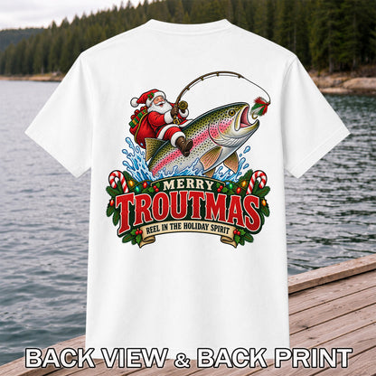 Merry Troutmas Reel in the Holiday Spirit Santa Riding Rainbow Trout Christmas Fishing T-Shirt | Back Print