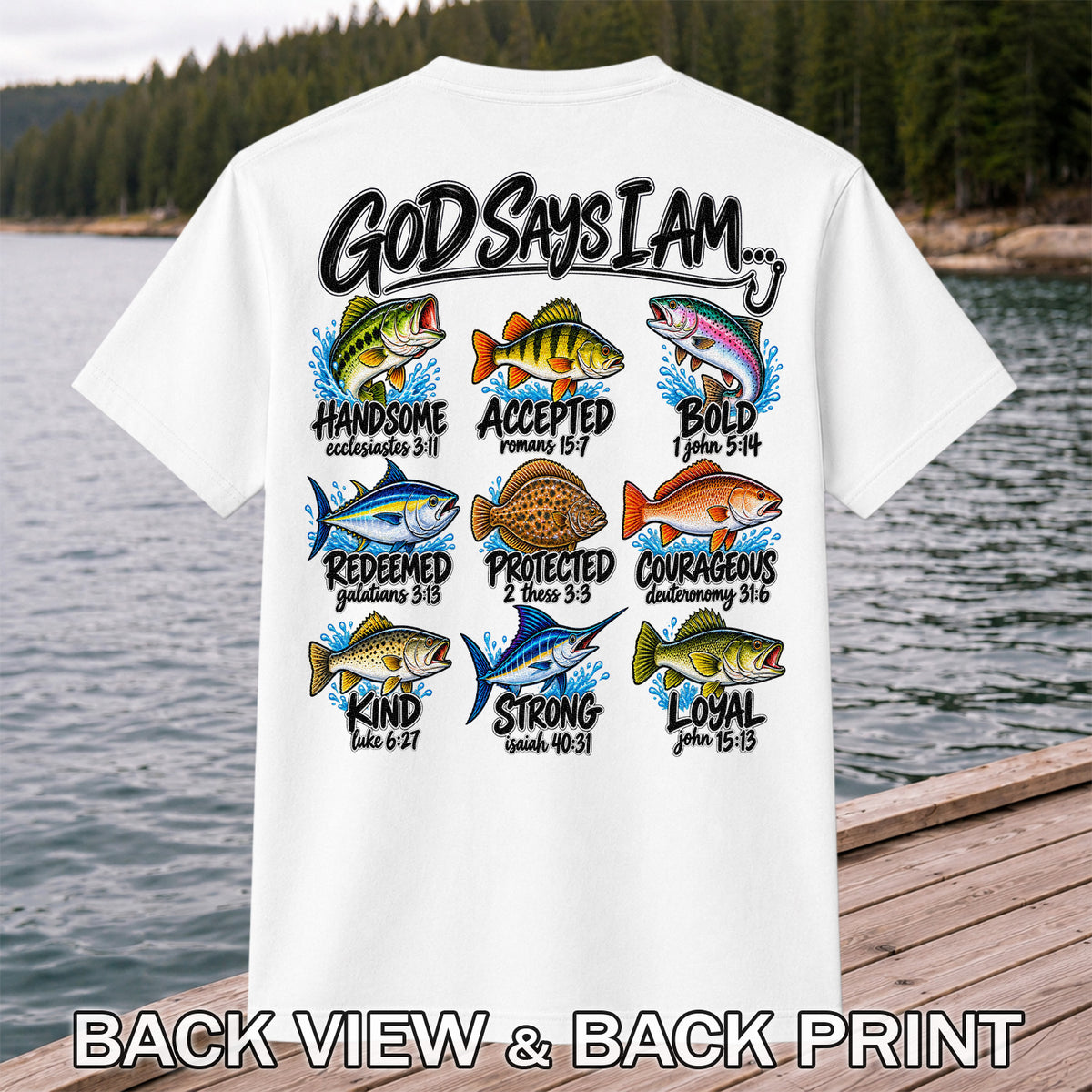 God Says I Am Christian Fish and Bible Verse Fishing Graphic T-Shirt | Back Print
