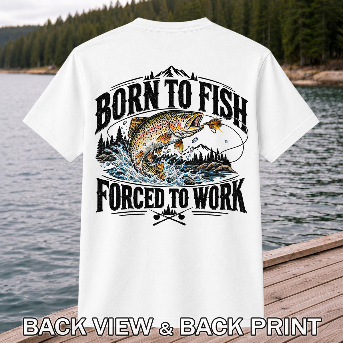 Brown Trout Mountain Lake Fishing Graphic T-Shirt | Back Print