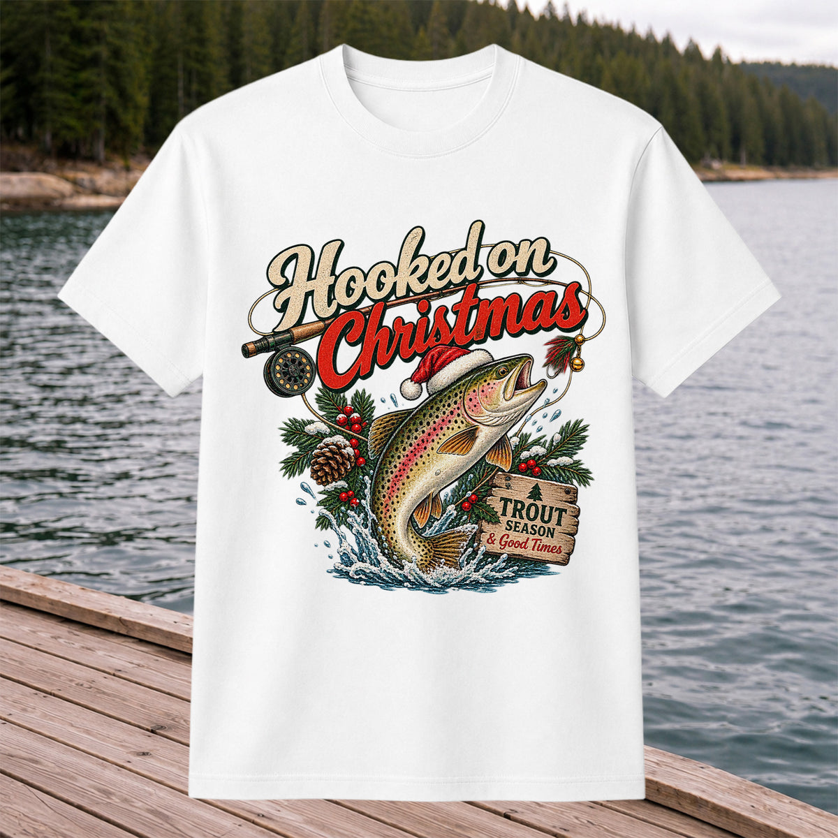 Hooked on Christmas Rainbow Trout in Santa Hat Fishing T-Shirt