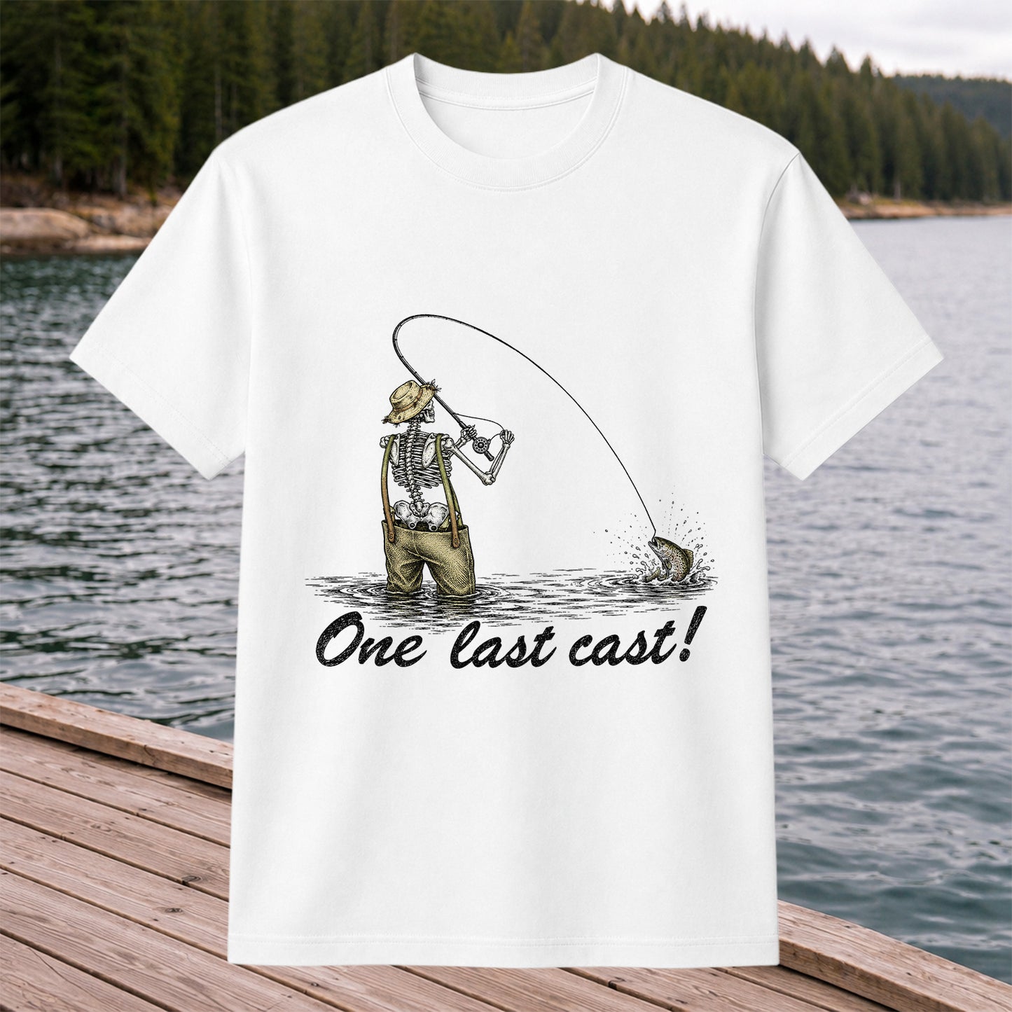 One Last Cast Skeleton Angler Fishing Graphic T-Shirt