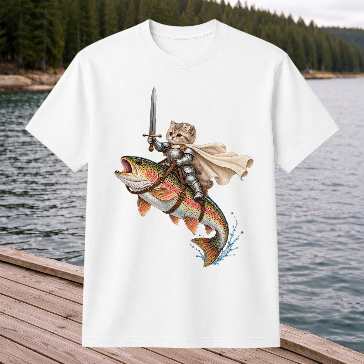 Cat Knight Riding a Rainbow Trout Fishing Graphic T-Shirt
