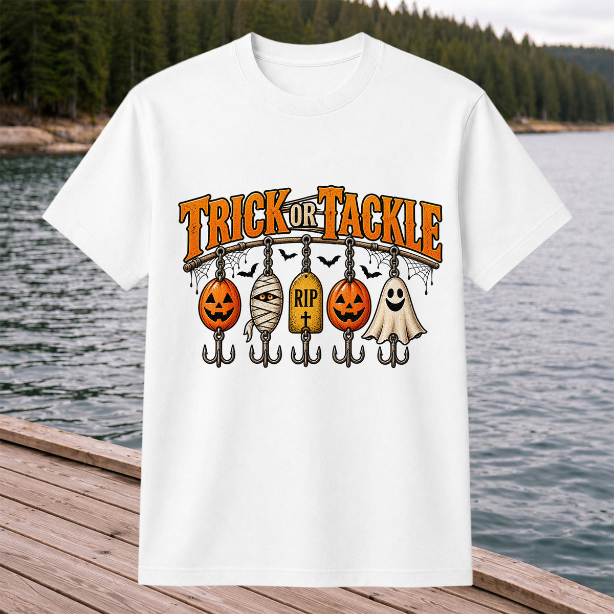 Trick or Tackle Pumpkin Ghost and Mummy Fishing Lures Halloween T-Shirt