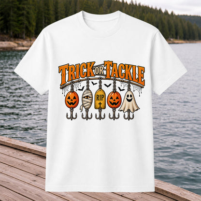 Trick or Tackle Pumpkin Ghost and Mummy Fishing Lures Halloween T-Shirt