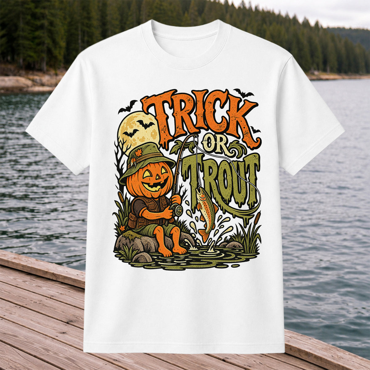 Trick or Trout Pumpkin Angler Halloween Fishing T-Shirt