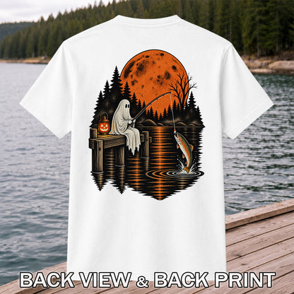 Ghost Fishing for Rainbow Trout Under an Orange Moon Halloween T-Shirt | Back Print