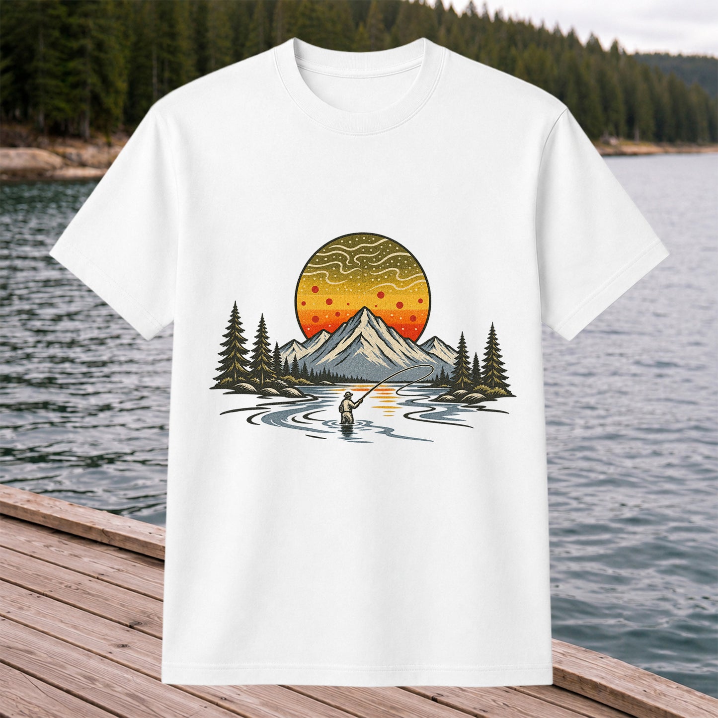 Mountain Sunset Fly Fishing Angler Graphic T-Shirt