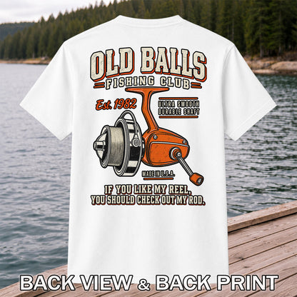 Old Balls Fishing Club Vintage Spinning Reel Graphic T-Shirt | Back Print