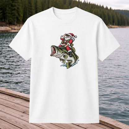 Santa Riding Largemouth Bass Christmas Fishing Graphic T-Shirt
