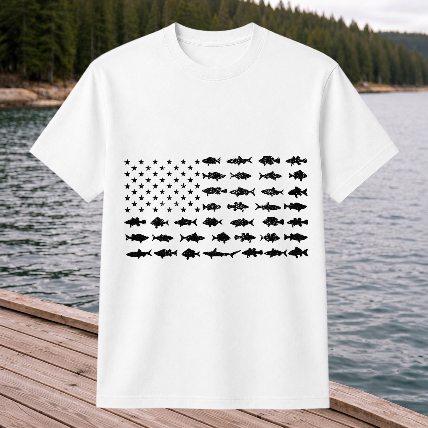 American Flag Made of Fish Silhouettes Fishing Graphic T-Shirt