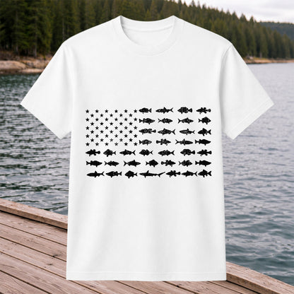 American Flag Made of Fish Silhouettes Fishing Graphic T-Shirt