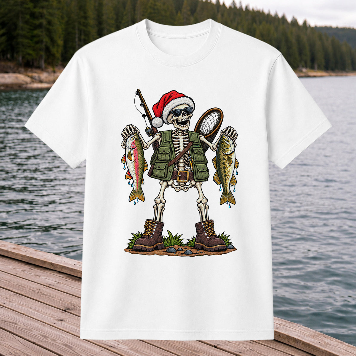 Santa Hat Skeleton Holding Trout and Bass Christmas Fishing T-Shirt