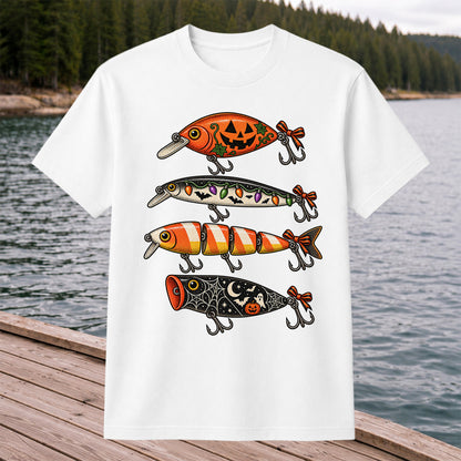 Halloween Fishing Lures with Pumpkin, Ghost and Candy Corn Graphic T-Shirt