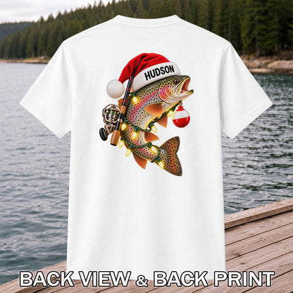 Hudson Santa Hat Rainbow Trout Christmas Fishing T-Shirt | Back Print