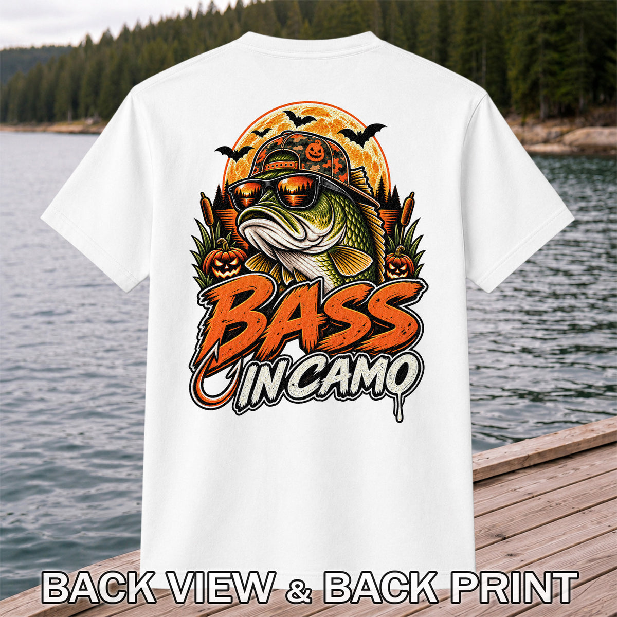 Bass in Camo Halloween Bass Fishing Graphic T-Shirt | Back Print