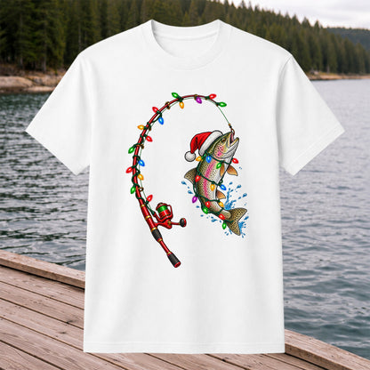 Christmas Rainbow Trout with Santa Hat and Lights Fishing T-Shirt