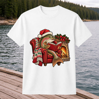 Christmas Trout Reading by the Fireplace Fishing T-Shirt