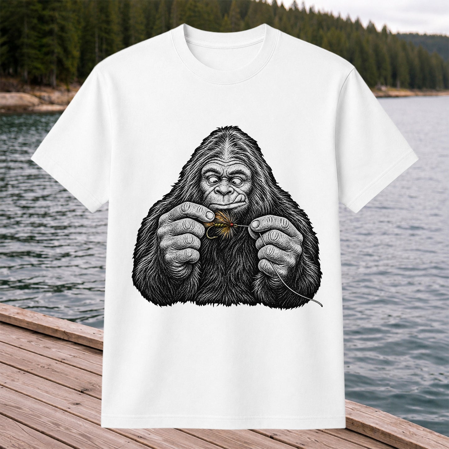 Bigfoot Tying a Fly Fishing Lure Graphic T-Shirt