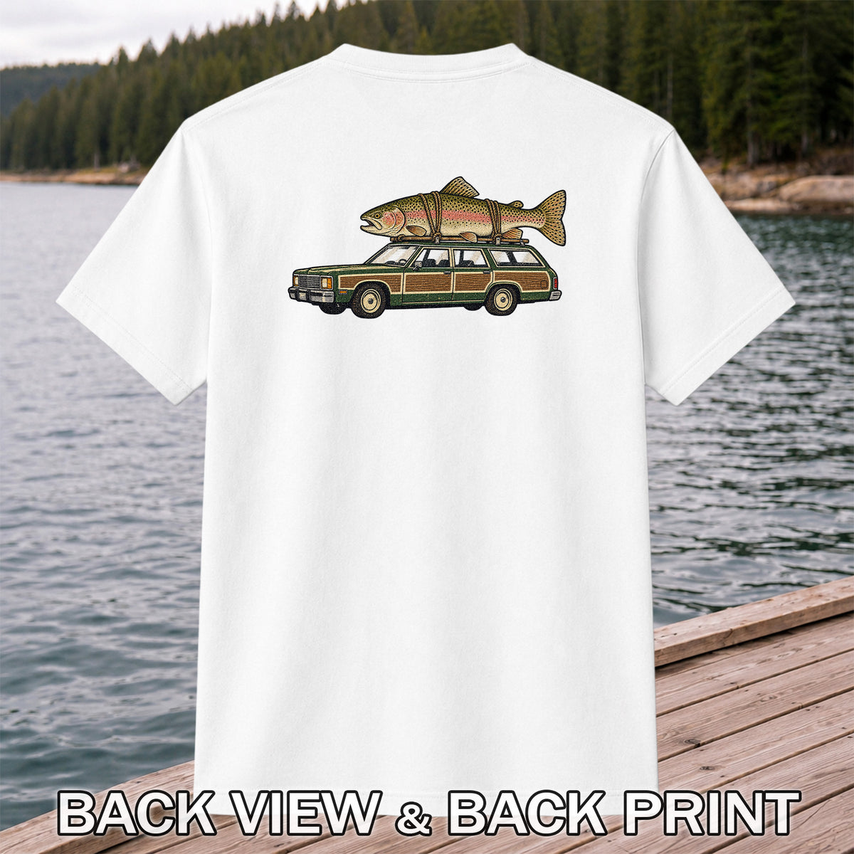 Vintage Station Wagon Carrying Rainbow Trout Fishing T-Shirt | Back Print