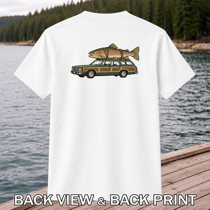 Vintage Station Wagon Carrying Rainbow Trout Fishing T-Shirt | Back Print
