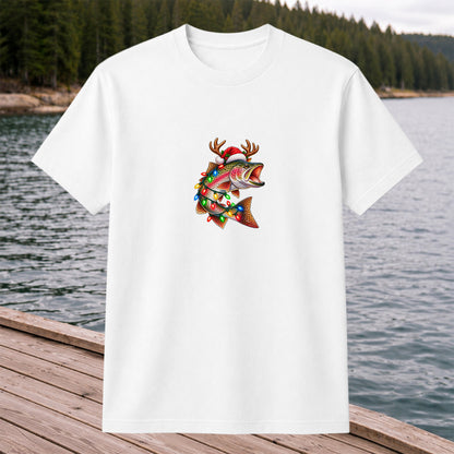 Christmas Rainbow Trout with Santa Hat, Antlers and Holiday Lights Fishing T-Shirt
