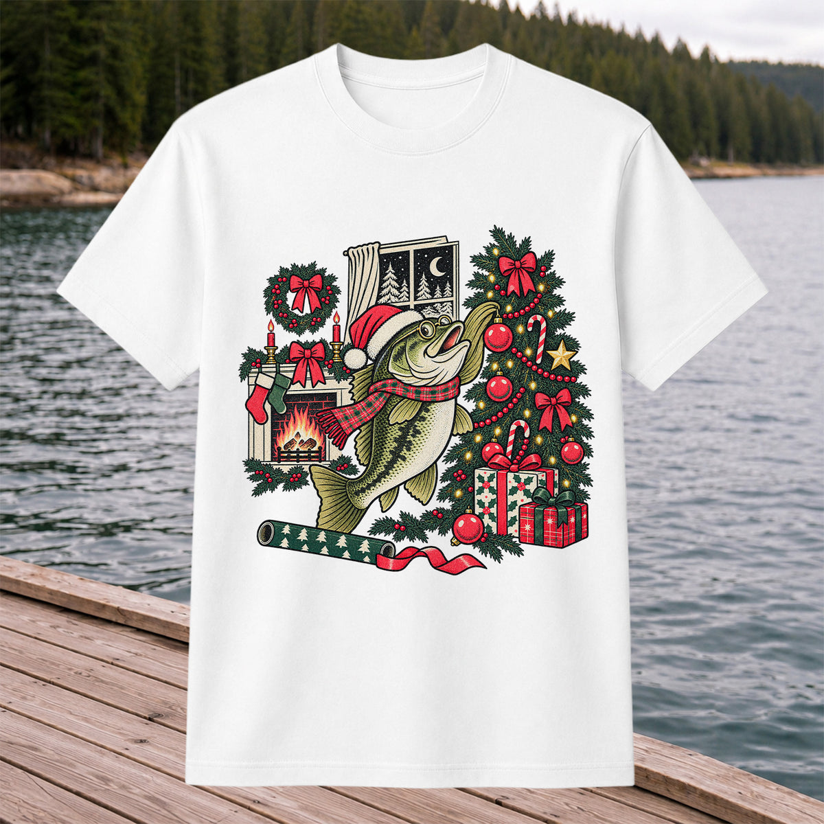 Christmas Bass Fishing Fireplace Tree Graphic T-Shirt