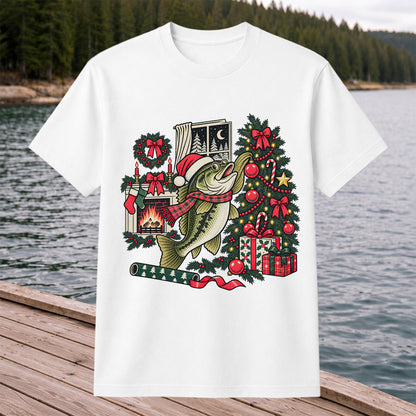 Christmas Bass Fishing Fireplace Tree Graphic T-Shirt