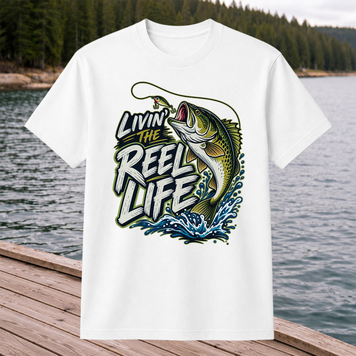 Livin' the Reel Life Jumping Bass Fishing Graphic T-Shirt