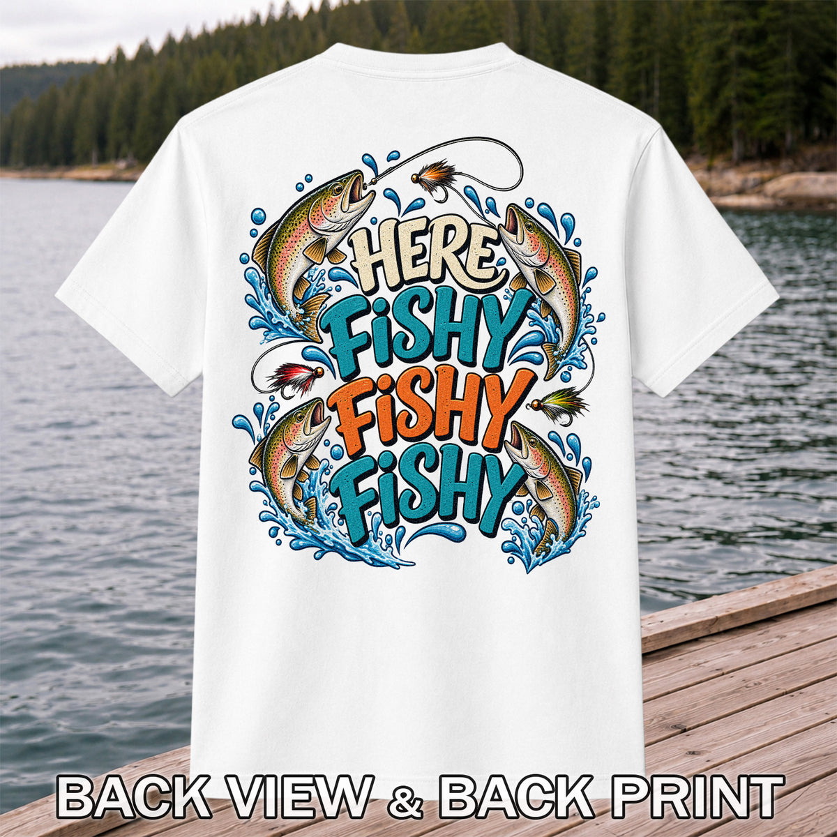 Here Fishy Fishy Fishy Rainbow Trout Funny Fly Fishing T-Shirt | Back Print