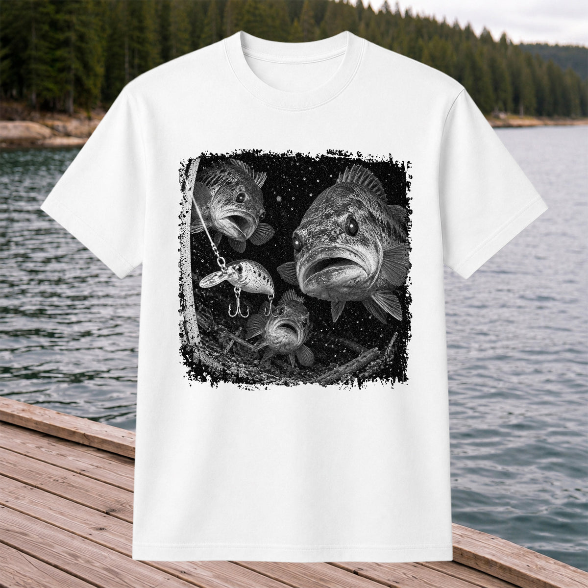 Vintage Bass Fishing Graphic T-Shirt with Underwater Fish Artwork