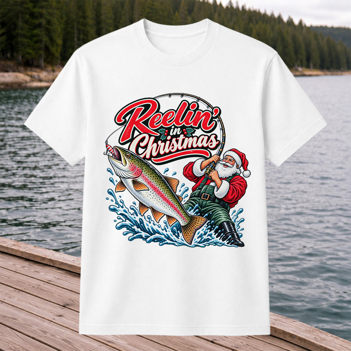 Reelin' in Christmas Santa Rainbow Trout Fishing T-Shirt